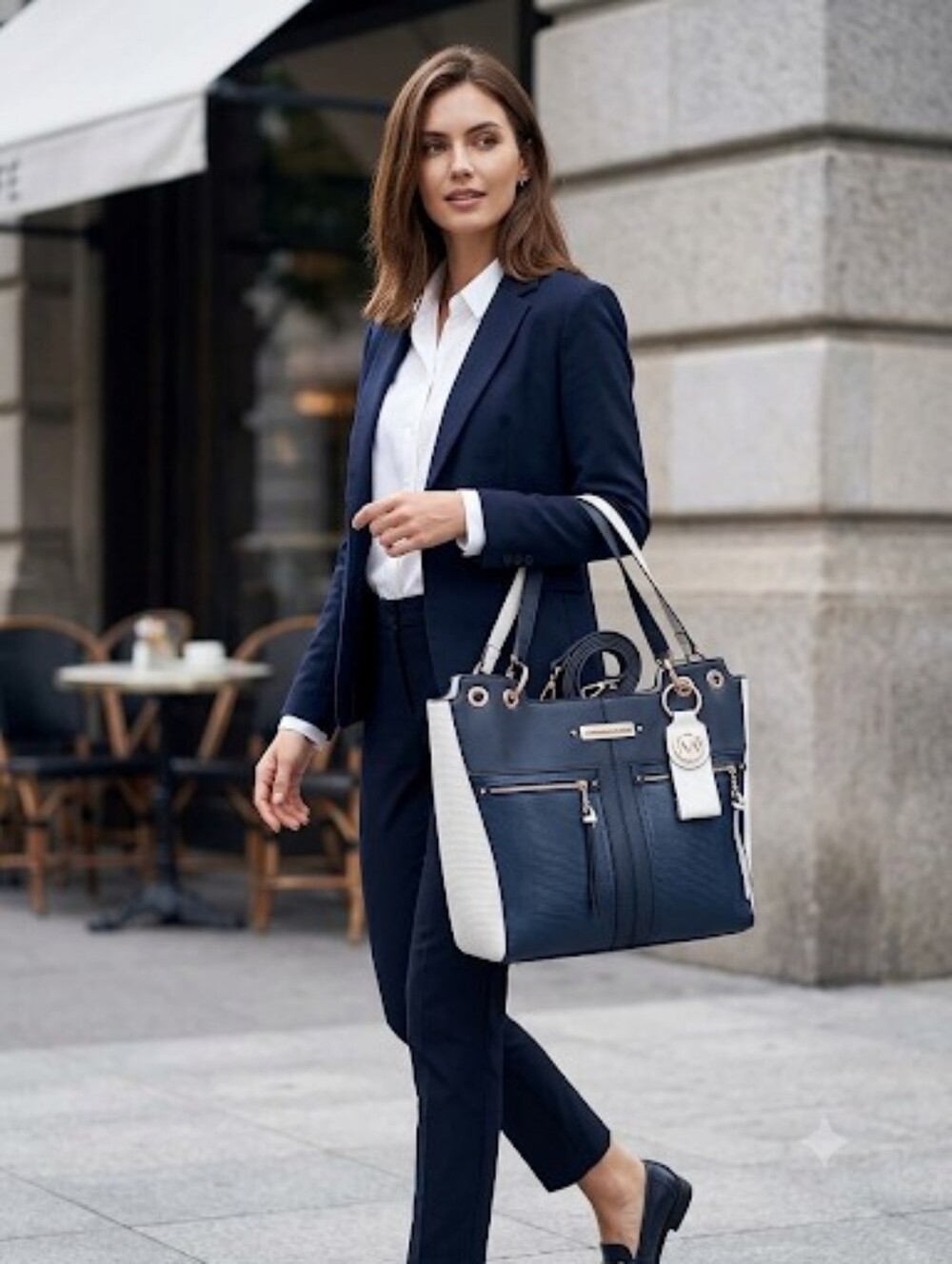 MFK Navy and Cream Crossbody/Tote with Keyring by Mia K